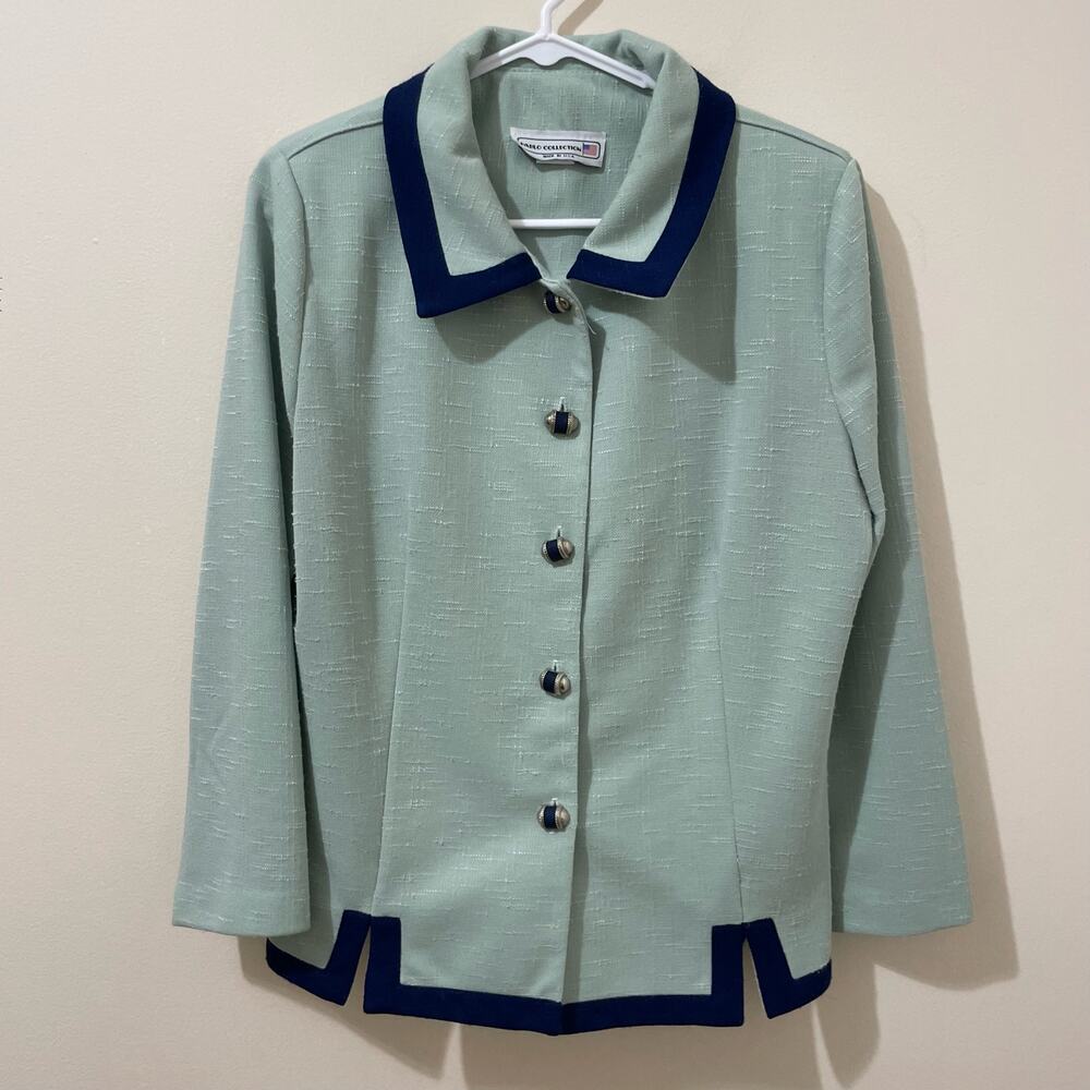 Vintage Pablo Collection Mint Green W/ Navy Detail Blazer Jacket Size Medium